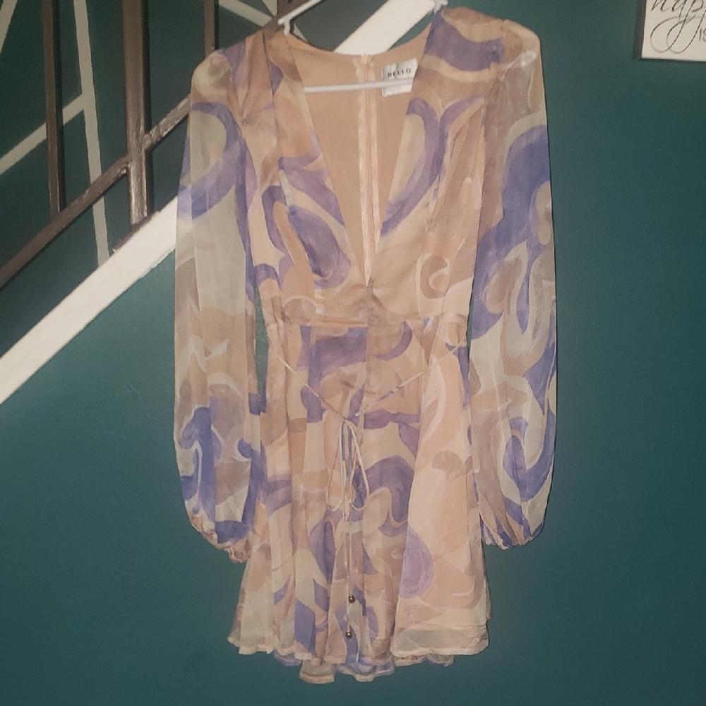 Hello Molly Purple and Tan Plunge Bishop Sleeve Sundress